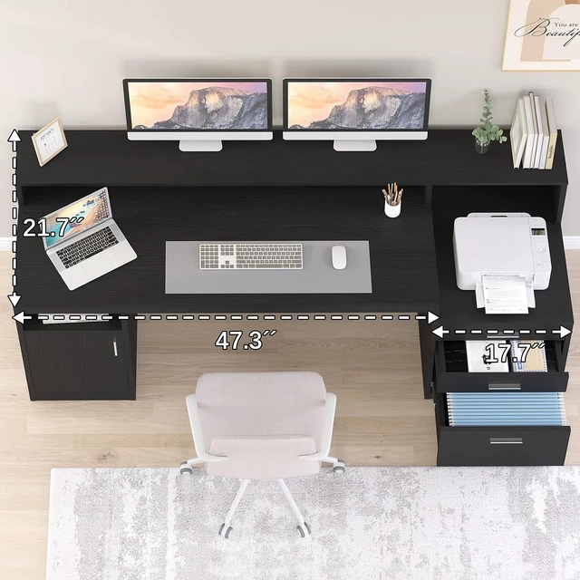 Alt view image 4 of 7 - 65" Black Computer Desk with 3 Drawers & Printer Shelf for Home Office