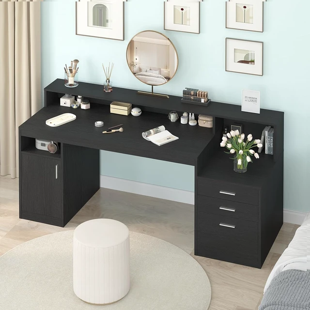 Alt view image 7 of 7 - 65" Black Computer Desk with 3 Drawers & Printer Shelf for Home Office
