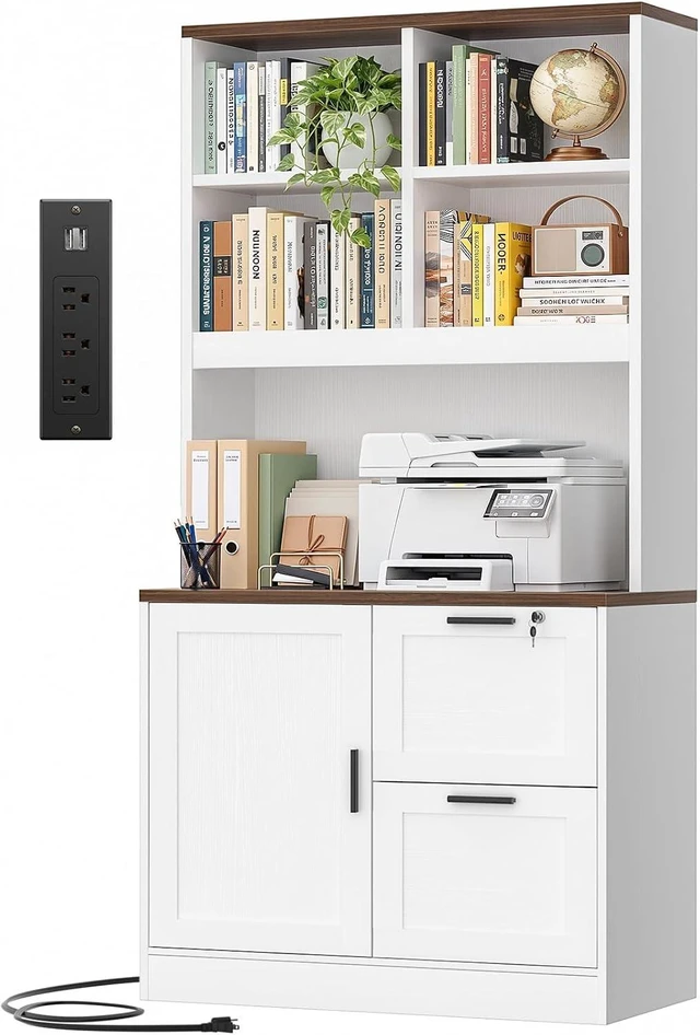 Main image of Vertical File Cabinet Bookcase with Printer Stand & Charging Station, White