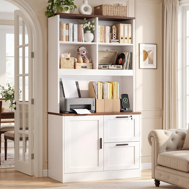 Alt view image 2 of 7 - Vertical File Cabinet Bookcase with Printer Stand & Charging Station, White