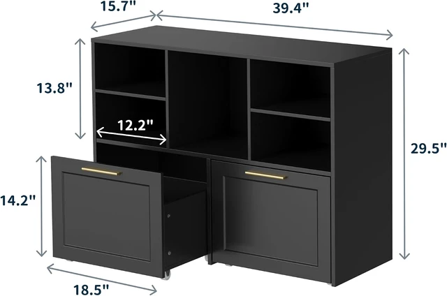 Alt view image 2 of 7 - Lateral File Cabinet with 2 Drawers Modern Filing Cabinet with Open Storage Cubes, Fits Letter/A4 Size, Wooden Printer Stand, Black