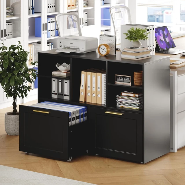 Alt view image 4 of 7 - Lateral File Cabinet with 2 Drawers Modern Filing Cabinet with Open Storage Cubes, Fits Letter/A4 Size, Wooden Printer Stand, Black