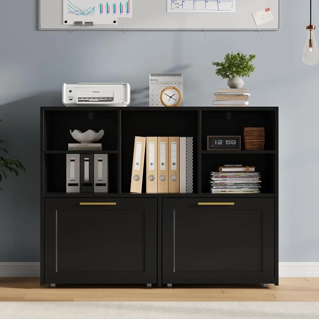 Alt view image 3 of 7 - Lateral File Cabinet with 2 Drawers Modern Filing Cabinet with Open Storage Cubes, Fits Letter/A4 Size, Wooden Printer Stand, Black