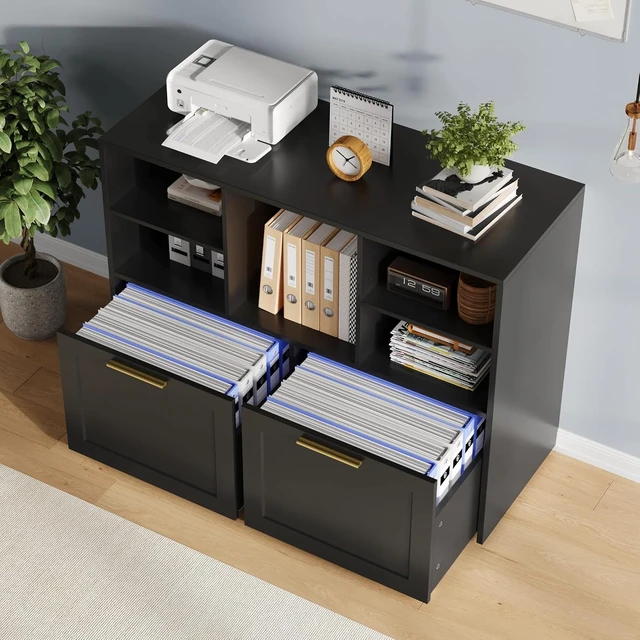 Alt view image 5 of 7 - Lateral File Cabinet with 2 Drawers Modern Filing Cabinet with Open Storage Cubes, Fits Letter/A4 Size, Wooden Printer Stand, Black