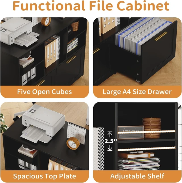Alt view image 7 of 7 - Lateral File Cabinet with 2 Drawers Modern Filing Cabinet with Open Storage Cubes, Fits Letter/A4 Size, Wooden Printer Stand, Black