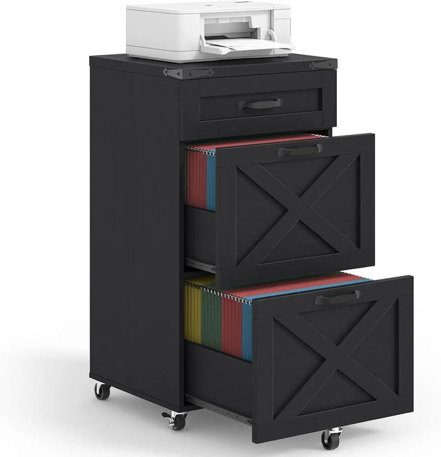 Main image of 3 Drawer Farmhouse File Cabinet with Wheels for Home Office, Rustic Black
