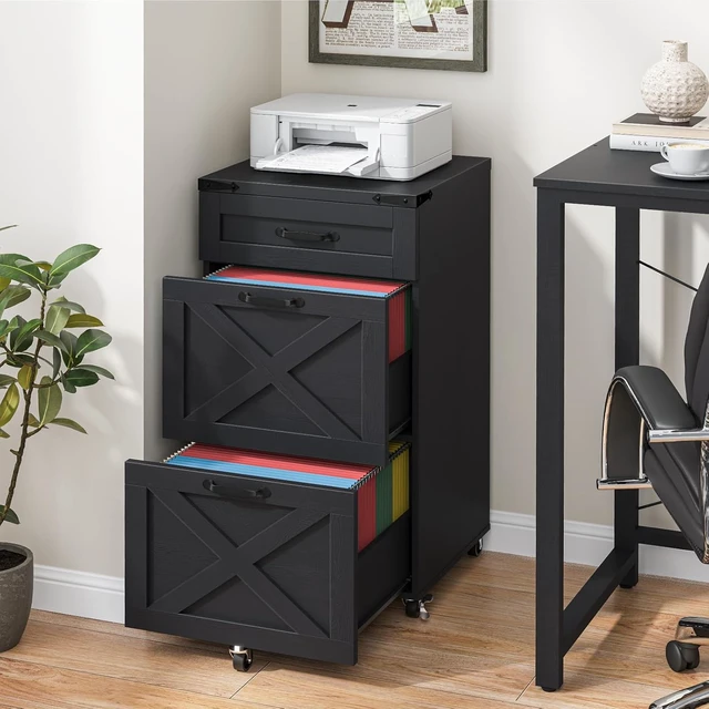 Alt view image 2 of 7 - 3 Drawer Farmhouse File Cabinet with Wheels for Home Office, Rustic Black