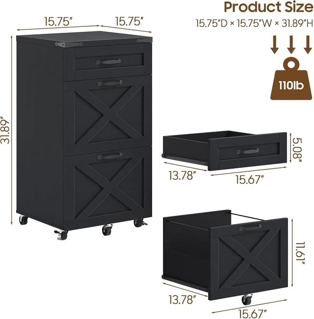 Alt view image 3 of 7 - 3 Drawer Farmhouse File Cabinet with Wheels for Home Office, Rustic Black