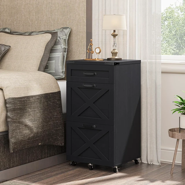 Alt view image 4 of 7 - 3 Drawer Farmhouse File Cabinet with Wheels for Home Office, Rustic Black