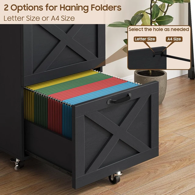 Alt view image 5 of 7 - 3 Drawer Farmhouse File Cabinet with Wheels for Home Office, Rustic Black