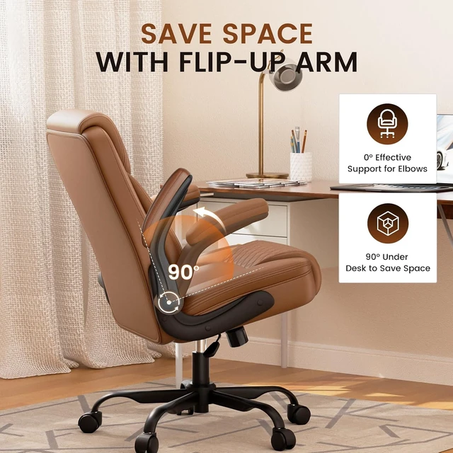 Alt view image 5 of 7 - Mid-Back Comfortable Office Chair with Flip-Up Arms, Brown