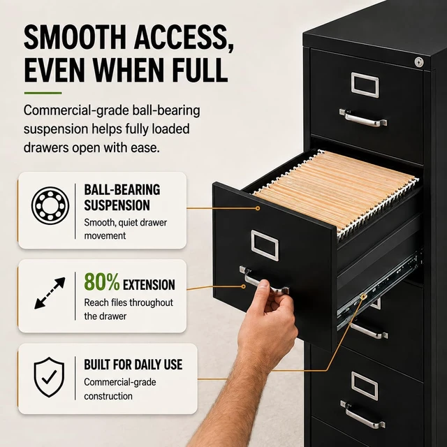 Alt view image 4 of 7 - 52" Vertical Black Metal Filing Cabinet with 4 Drawers, Lockable Pre-Assembled Letter Size for Home Office