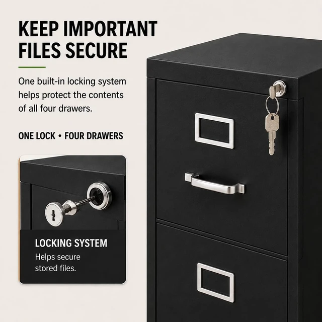 Alt view image 6 of 7 - 52" Vertical Black Metal Filing Cabinet with 4 Drawers, Lockable Pre-Assembled Letter Size for Home Office