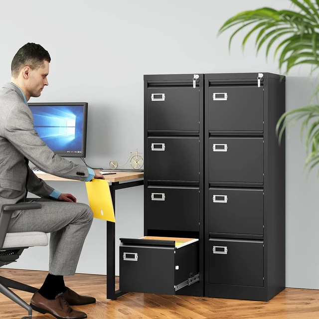Alt view image 2 of 7 - 4 Drawer File Cabinet with Lock & Tag Black Vertical Narrow Locking Filing Cabinet, Metal Storage for A4 Legal/Letter Size