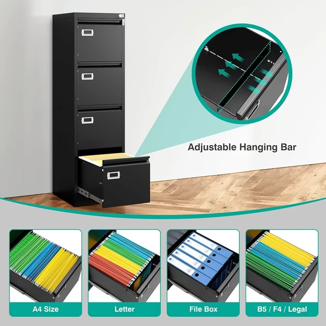 Alt view image 4 of 7 - 4 Drawer File Cabinet with Lock & Tag Black Vertical Narrow Locking Filing Cabinet, Metal Storage for A4 Legal/Letter Size