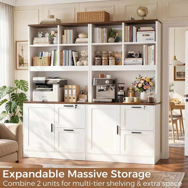 Alt view image 4 of 7 - Vertical File Cabinet Bookcase with Printer Stand & Charging Station, White