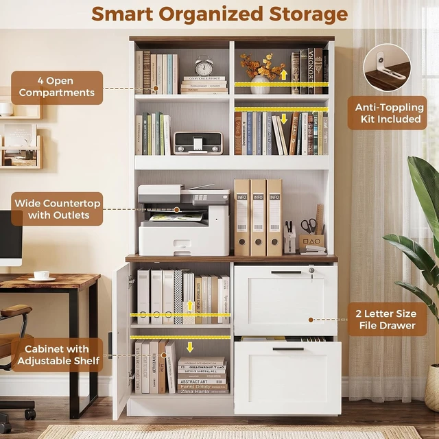 Alt view image 7 of 7 - Vertical File Cabinet Bookcase with Printer Stand & Charging Station, White