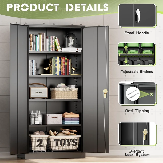 Alt view image 4 of 7 - 72" Metal Storage Cabinet Lockable Garage Cabinet with Adjustable Shelves, High Office Storage for Pantry, Classroom & File, Black