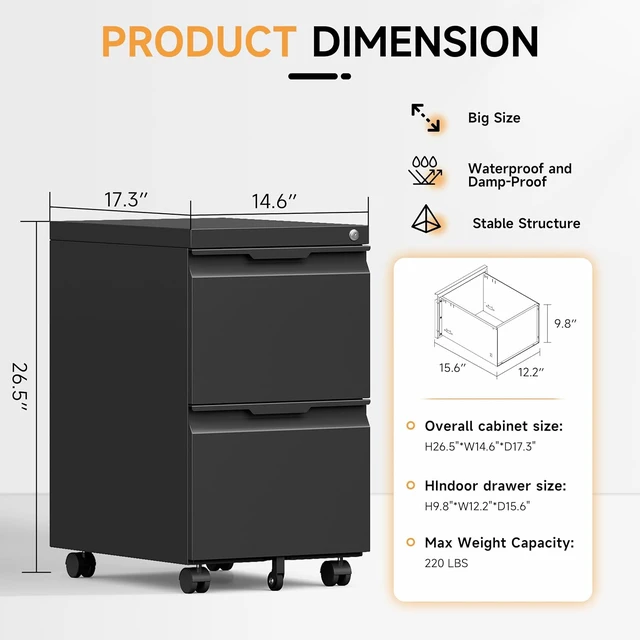 Alt view image 2 of 7 - File Cabinet, Metal Filing Cabinet with Lock (Black, 2Drawer-Mobile-26.5" H)
