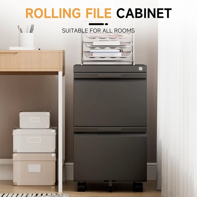 Alt view image 3 of 7 - File Cabinet, Metal Filing Cabinet with Lock (Black, 2Drawer-Mobile-26.5" H)