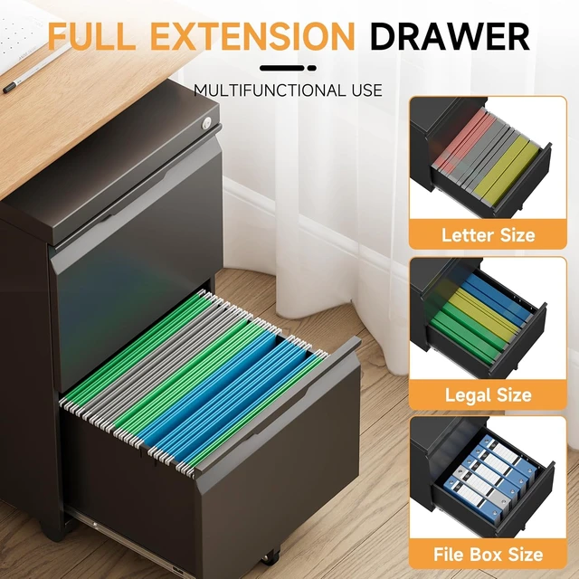 Alt view image 4 of 7 - File Cabinet, Metal Filing Cabinet with Lock (Black, 2Drawer-Mobile-26.5" H)