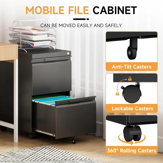 Alt view image 5 of 7 - File Cabinet, Metal Filing Cabinet with Lock (Black, 2Drawer-Mobile-26.5" H)