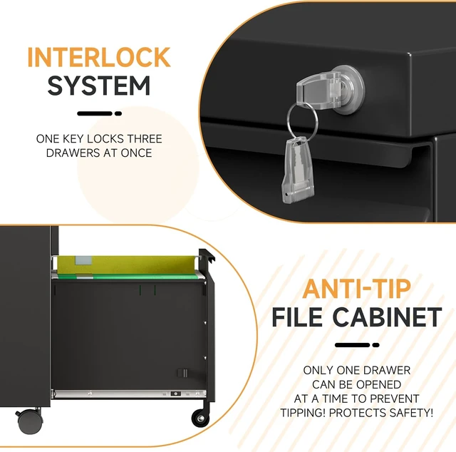 Alt view image 6 of 7 - File Cabinet, Metal Filing Cabinet with Lock (Black, 2Drawer-Mobile-26.5" H)