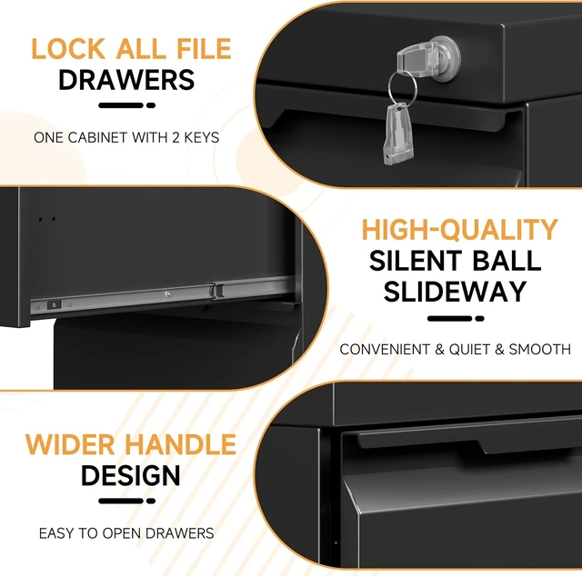 Alt view image 7 of 7 - File Cabinet, Metal Filing Cabinet with Lock (Black, 2Drawer-Mobile-26.5" H)