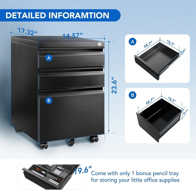 Alt view image 3 of 7 - 3-Drawer Metal Mobile Filing Cabinet Under Desk Storage with Lock Keys for Legal/Letter/A4 Files, Fully Assembled Except Wheels, Black