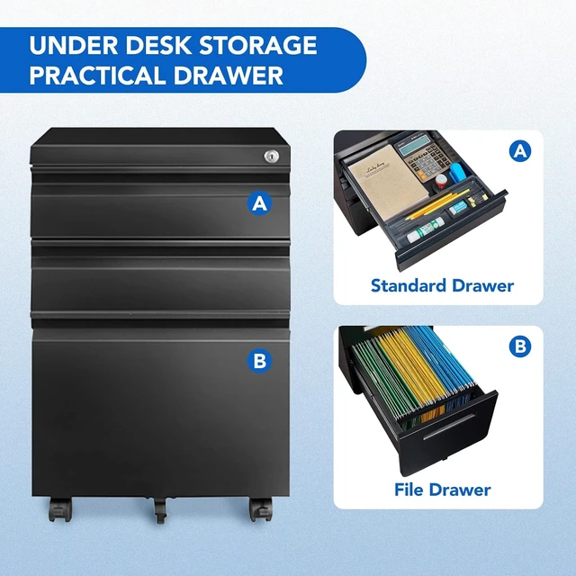 Alt view image 4 of 7 - 3-Drawer Metal Mobile Filing Cabinet Under Desk Storage with Lock Keys for Legal/Letter/A4 Files, Fully Assembled Except Wheels, Black