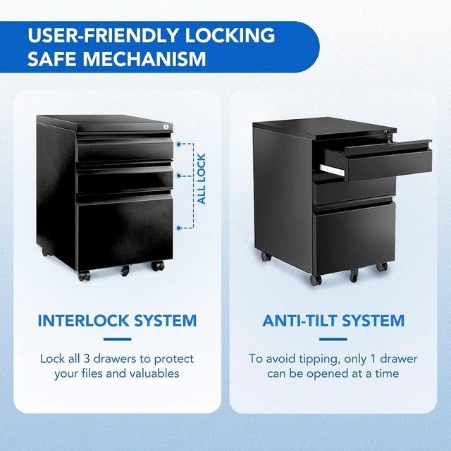 Alt view image 5 of 7 - 3-Drawer Metal Mobile Filing Cabinet Under Desk Storage with Lock Keys for Legal/Letter/A4 Files, Fully Assembled Except Wheels, Black