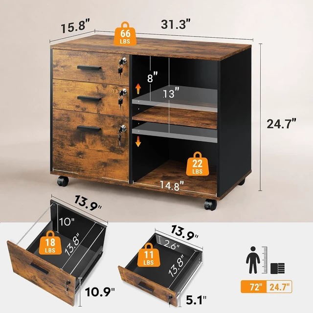 Alt view image 2 of 7 - 3-Drawer Wood File Cabinet with Lock, Rustic Brown