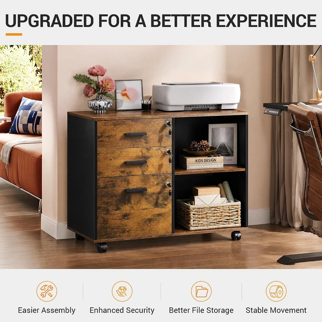 Alt view image 3 of 7 - 3-Drawer Wood File Cabinet with Lock, Rustic Brown