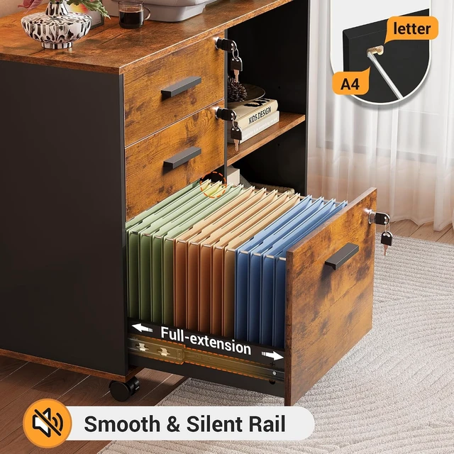 Alt view image 5 of 7 - 3-Drawer Wood File Cabinet with Lock, Rustic Brown