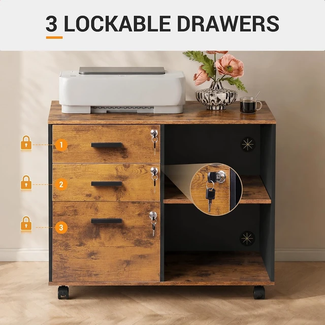 Alt view image 6 of 7 - 3-Drawer Wood File Cabinet with Lock, Rustic Brown