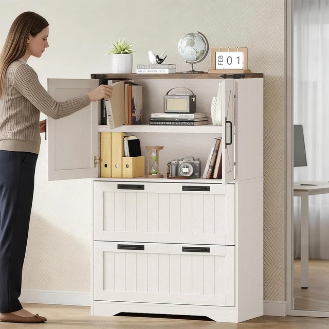 Alt view image 3 of 7 - Lateral File Cabinet with 2 Drawers Farmhouse Wood Tall Cabinet with 2 Doors, for Letter/A4/Legal Hanging Files, Home Office Storage, Rustic White