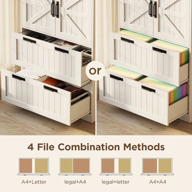 Alt view image 4 of 7 - Lateral File Cabinet with 2 Drawers Farmhouse Wood Tall Cabinet with 2 Doors, for Letter/A4/Legal Hanging Files, Home Office Storage, Rustic White