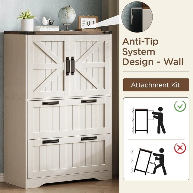 Alt view image 5 of 7 - Lateral File Cabinet with 2 Drawers Farmhouse Wood Tall Cabinet with 2 Doors, for Letter/A4/Legal Hanging Files, Home Office Storage, Rustic White