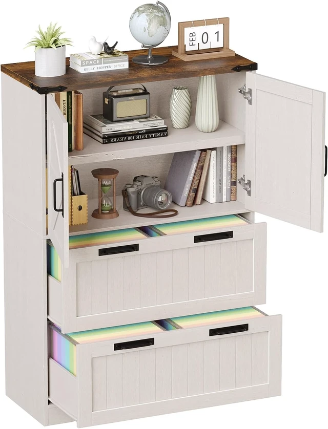 Alt view image 7 of 7 - Lateral File Cabinet with 2 Drawers Farmhouse Wood Tall Cabinet with 2 Doors, for Letter/A4/Legal Hanging Files, Home Office Storage, Rustic White