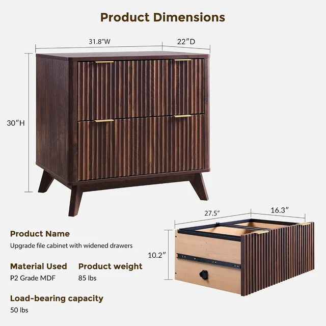 Alt view image 2 of 7 - 2 Drawer 31.8-Inch Fluted Lateral File Cabinet, Dark Walnut