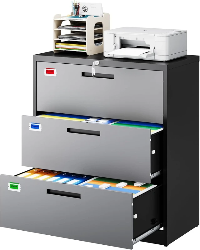 Alt view image 3 of 7 - 3 Drawer Lateral File Cabinet Home Office Storage Drawers with Lock, Hanging Files Legal/Letter/A4 Size (Assemble Required, Black Grey)