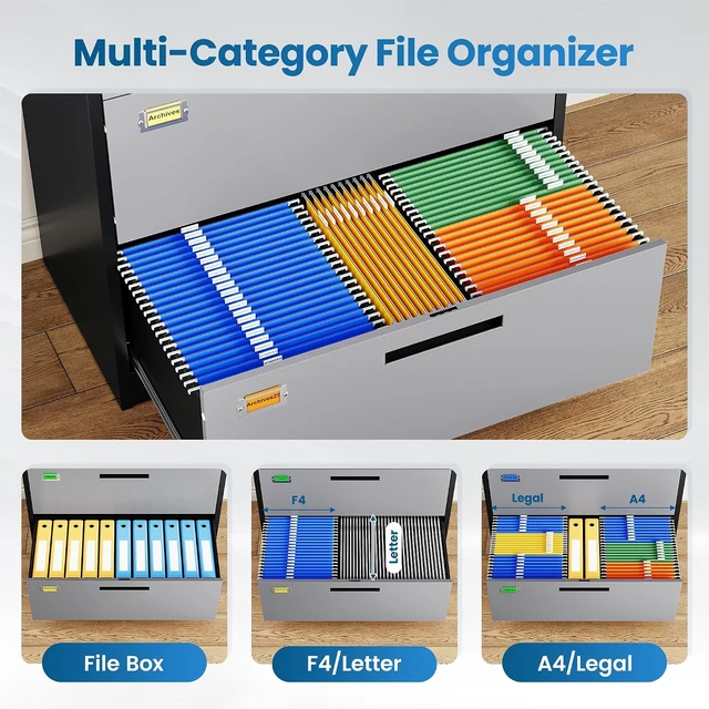 Alt view image 4 of 7 - 3 Drawer Lateral File Cabinet Home Office Storage Drawers with Lock, Hanging Files Legal/Letter/A4 Size (Assemble Required, Black Grey)