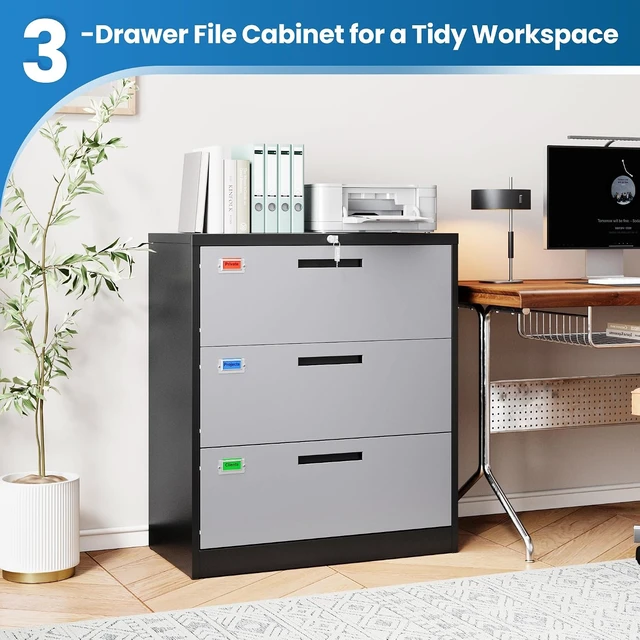 Alt view image 7 of 7 - 3 Drawer Lateral File Cabinet Home Office Storage Drawers with Lock, Hanging Files Legal/Letter/A4 Size (Assemble Required, Black Grey)