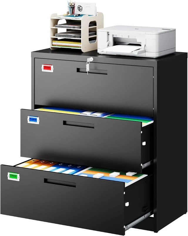 Alt view image 3 of 7 - 3 Drawer Lateral File Cabinet Home Office Storage Drawers with Lock, Hanging Files Legal/Letter/A4 Size (Assemble Required, Black)