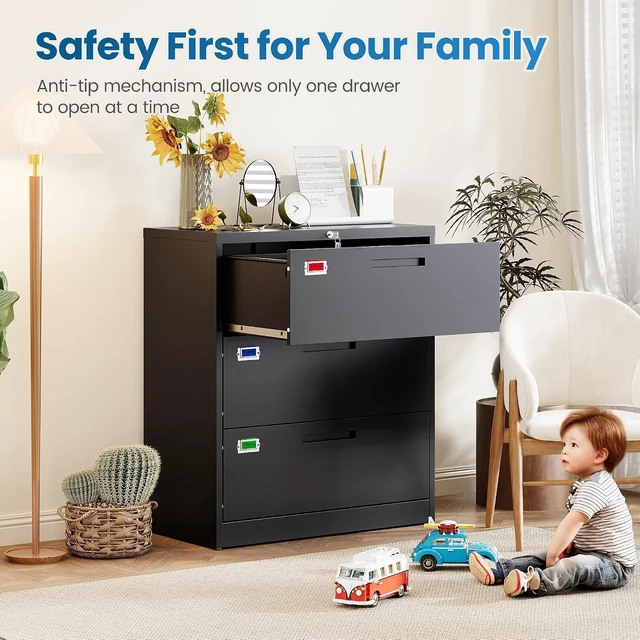 Alt view image 6 of 7 - 3 Drawer Lateral File Cabinet Home Office Storage Drawers with Lock, Hanging Files Legal/Letter/A4 Size (Assemble Required, Black)