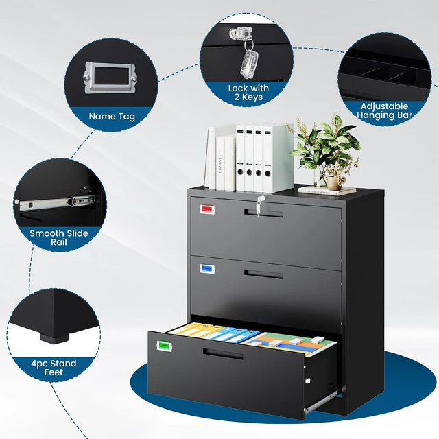 Alt view image 5 of 7 - 3 Drawer Lateral File Cabinet Home Office Storage Drawers with Lock, Hanging Files Legal/Letter/A4 Size (Assemble Required, Black)