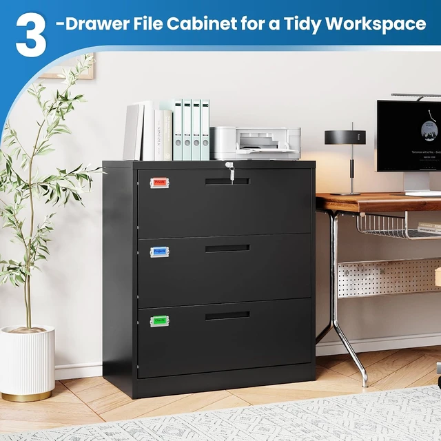 Alt view image 7 of 7 - 3 Drawer Lateral File Cabinet Home Office Storage Drawers with Lock, Hanging Files Legal/Letter/A4 Size (Assemble Required, Black)