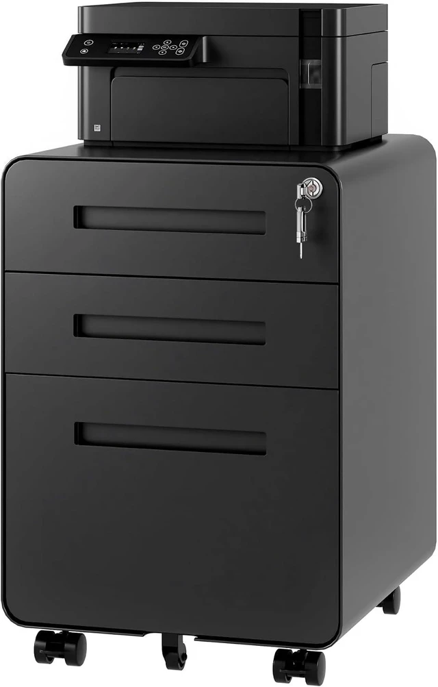 Main image of 3 Drawer Mobile Metal File Cabinet with Lock Legal/Letter Organizer with Wheels, Pre-Assembled Round Corner Design, Black