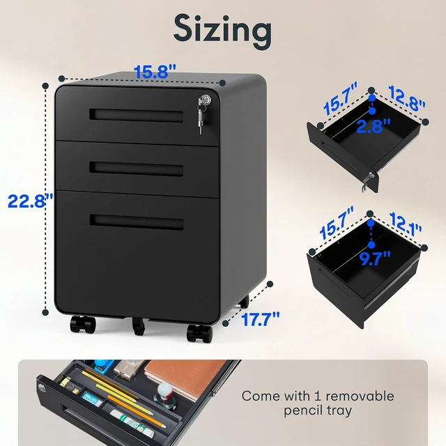 Alt view image 2 of 7 - 3 Drawer Mobile Metal File Cabinet with Lock Legal/Letter Organizer with Wheels, Pre-Assembled Round Corner Design, Black