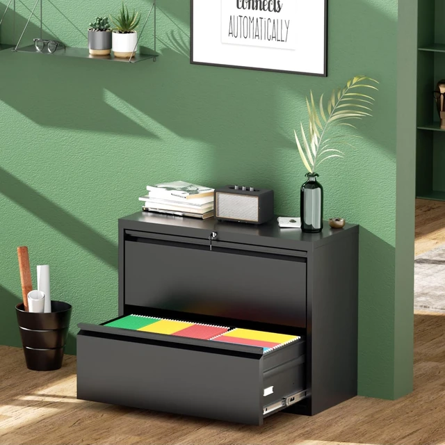 Alt view image 2 of 7 - 2 Drawer Black Lateral File Cabinet with Lock Metal Lockable Cabinet for Legal/Letter/A4/F4 Size with Hanging Files & Key